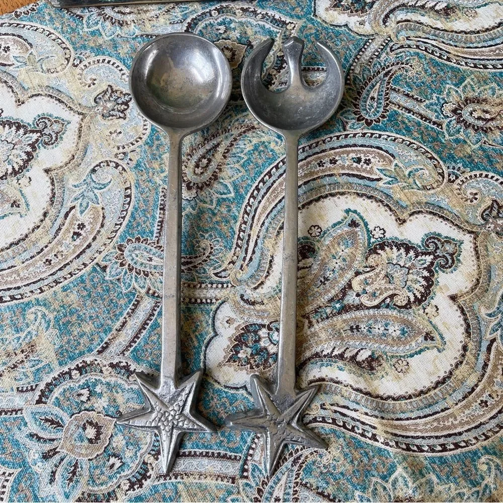 Metal Coastal Starfish salad server set Pewter or aluminum vintage